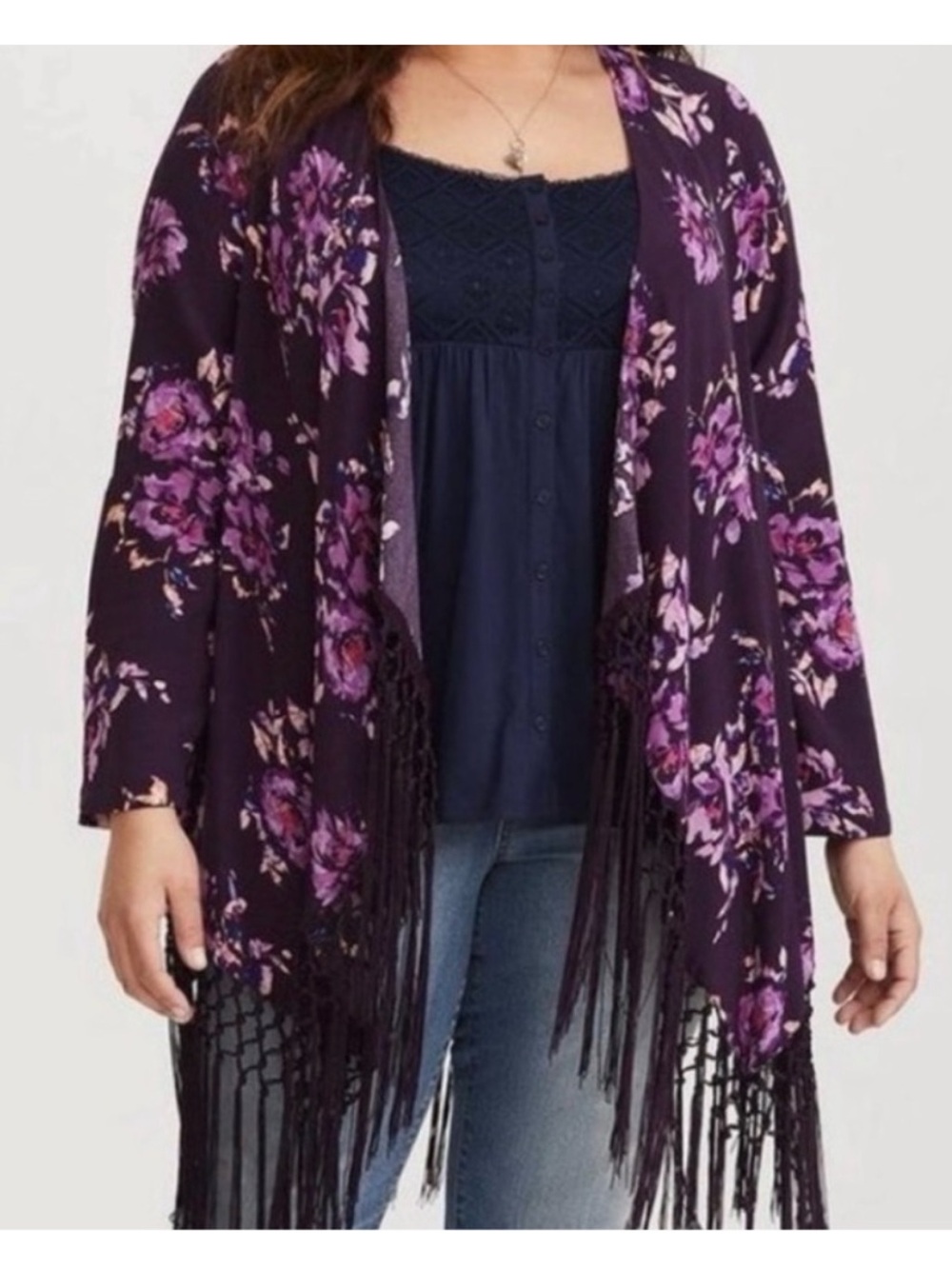 torrid Dark Purple Floral Fringe Kimono